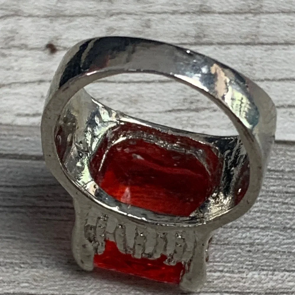Silver Tone Red Emerald Cut Faux Stone Textured Cocktail Statement Ring Size 6.5